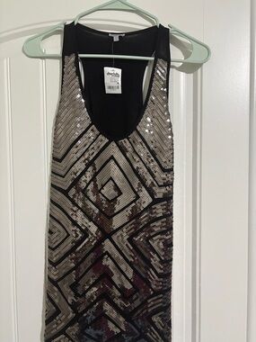 Charlotte Russe Black Tank Top with Silver Sequin Geo Pattern